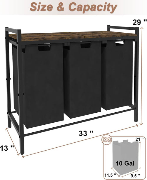 10 x 3 Gal Large Laundry Hamper with 3 Pull-Out & Removable Sorter Bags, Freestanding Clothes Basket Organizer for Clothing or Toys in Bathroom and Living Room, Rustic Brown and Black