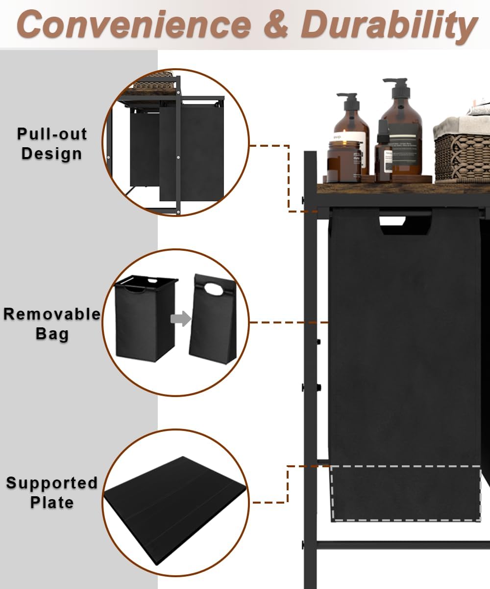 10 x 3 Gal Large Laundry Hamper with 3 Pull-Out & Removable Sorter Bags, Freestanding Clothes Basket Organizer for Clothing or Toys in Bathroom and Living Room, Rustic Brown and Black