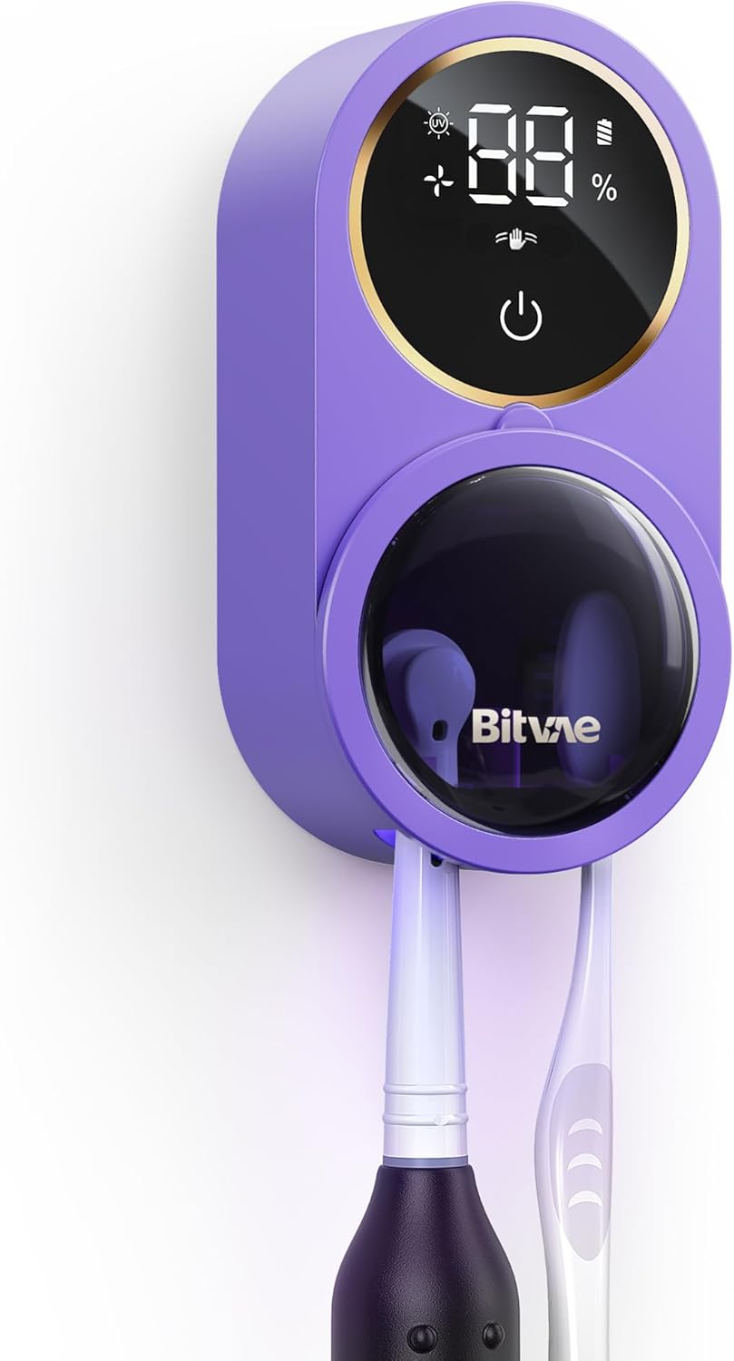 Bitvae Upgraded Tooth Brush Holder for Bathroom 2.0 Infrared Sensing | Toothbrush Cleaner, Wall-Mounted for Most Size Toothbrushes, Air Drying, LED Smart Screen, White Gold Trim