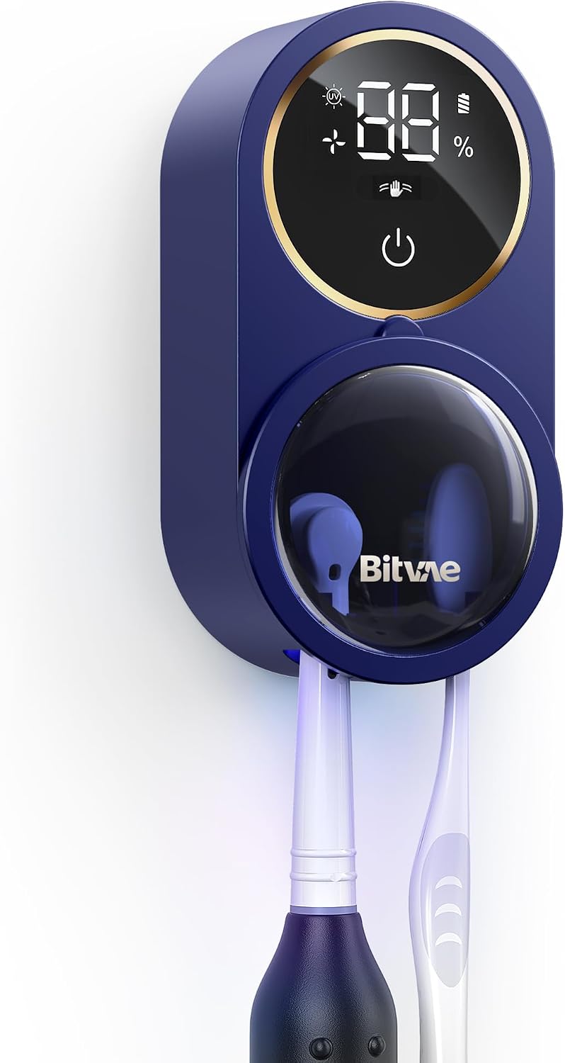 Bitvae Upgraded Tooth Brush Holder for Bathroom 2.0 Infrared Sensing | Toothbrush Cleaner, Wall-Mounted for Most Size Toothbrushes, Air Drying, LED Smart Screen, White Gold Trim