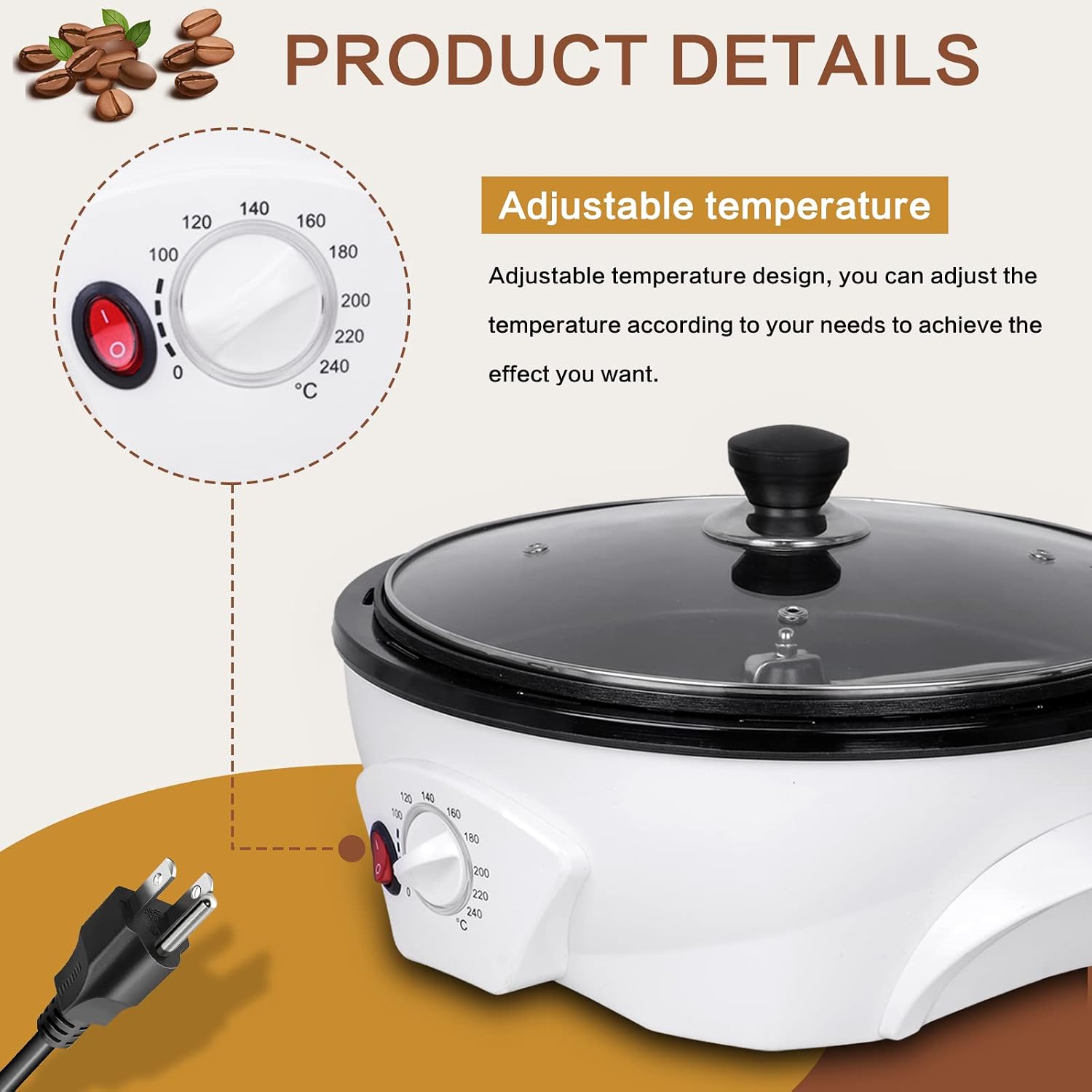 Electric Coffee Bean Roaster for Home Use 1.1lb Capacity Temperature Control (0-240℃), Non-Stick, Perfect for Beginner Roasting, 1200W, 110V