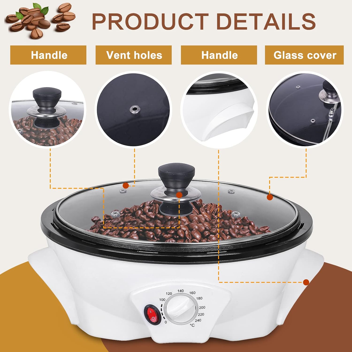 Electric Coffee Bean Roaster for Home Use 1.1lb Capacity Temperature Control (0-240℃), Non-Stick, Perfect for Beginner Roasting, 1200W, 110V