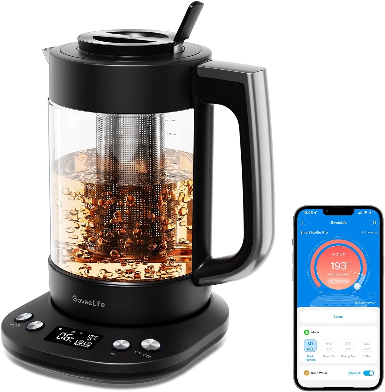 GoveeLife Smart Electric Kettle with Tea Infuser for Loose Leaf, 1.7 L Electric Tea Kettle with Brewing Program, Variable Temperature Control, 2 H Keep Warm & Auto Shut off, BPA Free, Sliver