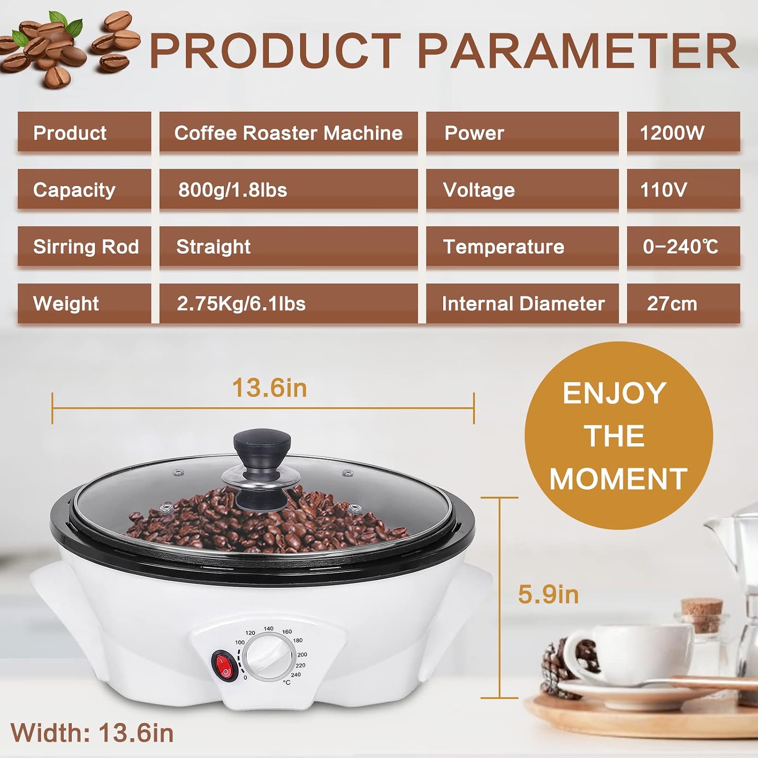 Electric Coffee Bean Roaster for Home Use 1.1lb Capacity Temperature Control (0-240℃), Non-Stick, Perfect for Beginner Roasting, 1200W, 110V