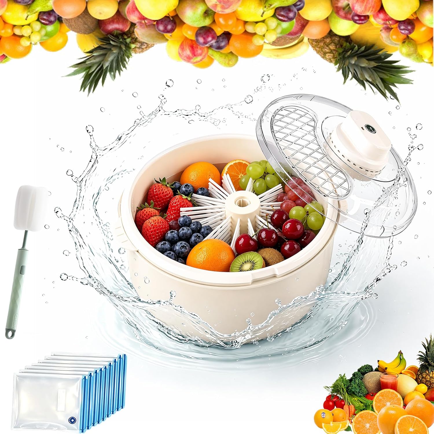 Automatic Fruit And Vegetable Spinner & Strainer, Fruit Washer and Spinner with Brush, Electric Fruits Washer Spinner Bowl, Fruits Cleaner Spinner with Non-slip Base, for Kitchen Prep