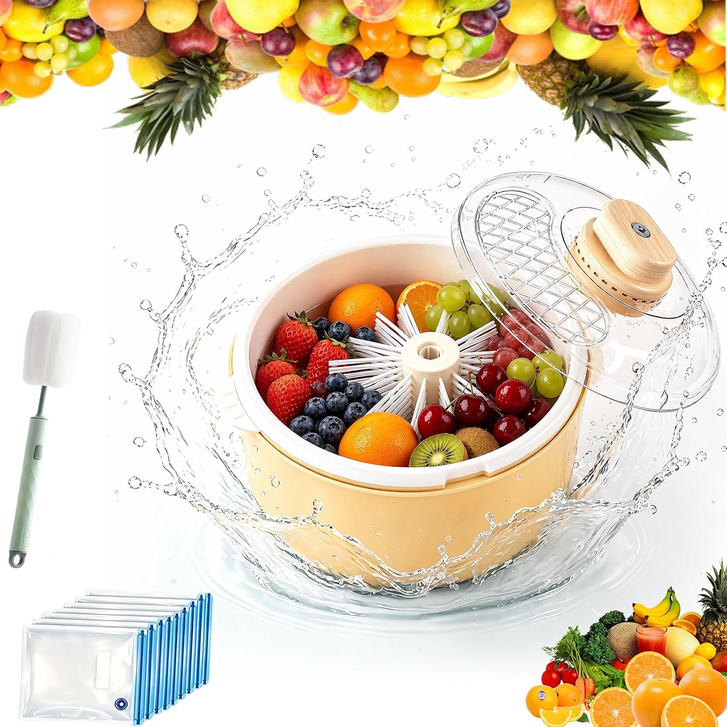 Automatic Fruit And Vegetable Spinner & Strainer, Fruit Washer and Spinner with Brush, Electric Fruits Washer Spinner Bowl, Fruits Cleaner Spinner with Non-slip Base, for Kitchen Prep